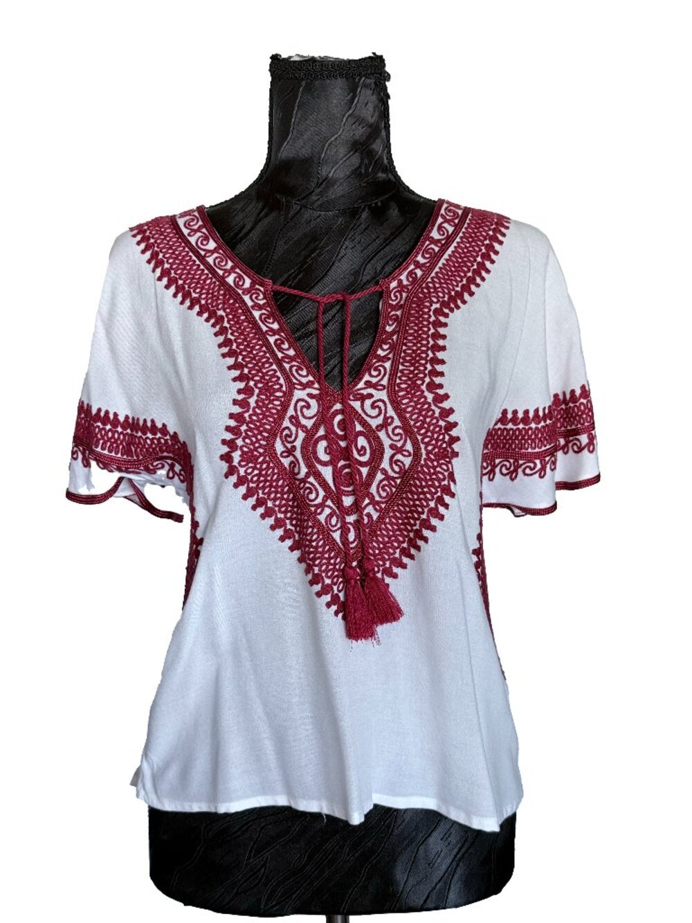 Forever 21 Boho Embroidered Tassel Peasant Blouse White Burgundy Size M